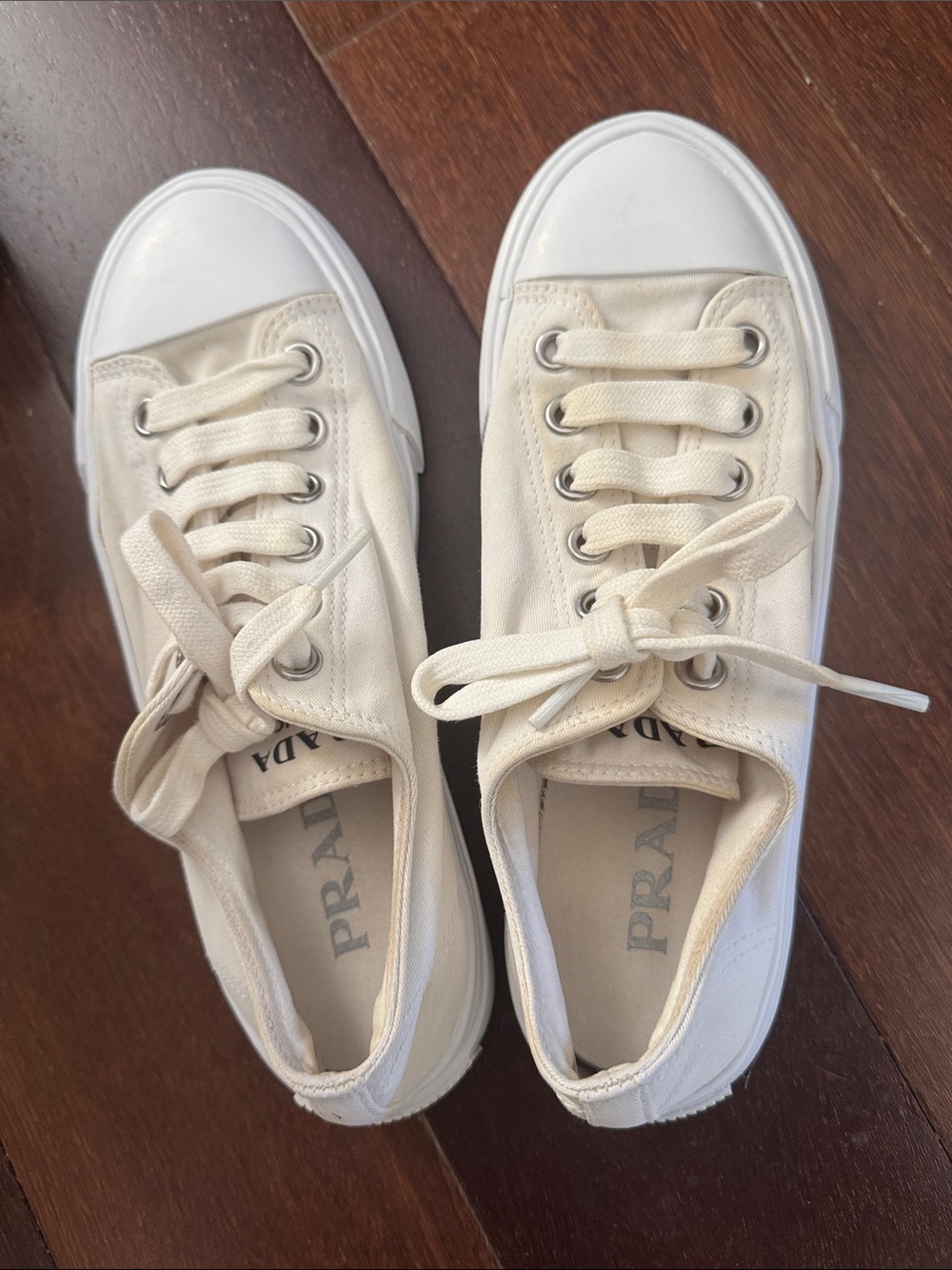 PRADA Off-White Canvas & White Leather Low-Top Sneakers with logo tongue size 39